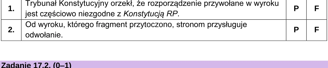 Oceń prawdziwość podanych stwierdzeń. Zaznacz P, jeśli stwierdzenie jest prawdziwe, albo F – jeśli jest fałszywe.